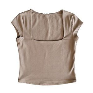 Garage Women's Mocha Brown Square Neck Cap Sleeve Cropped Tee Small Minimalist